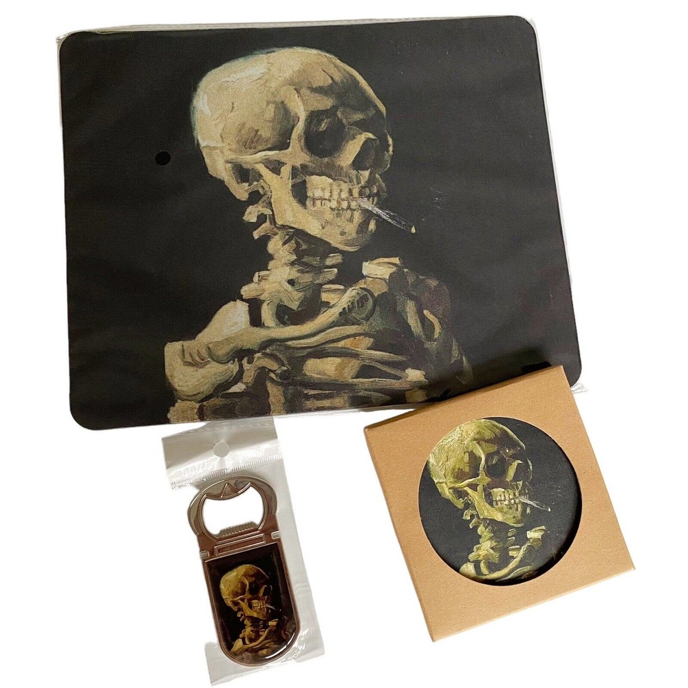 Van Gogh Smoking Skeleton Desk Set Mouse Pad Coaster Magnetic Bottle Opener NEW